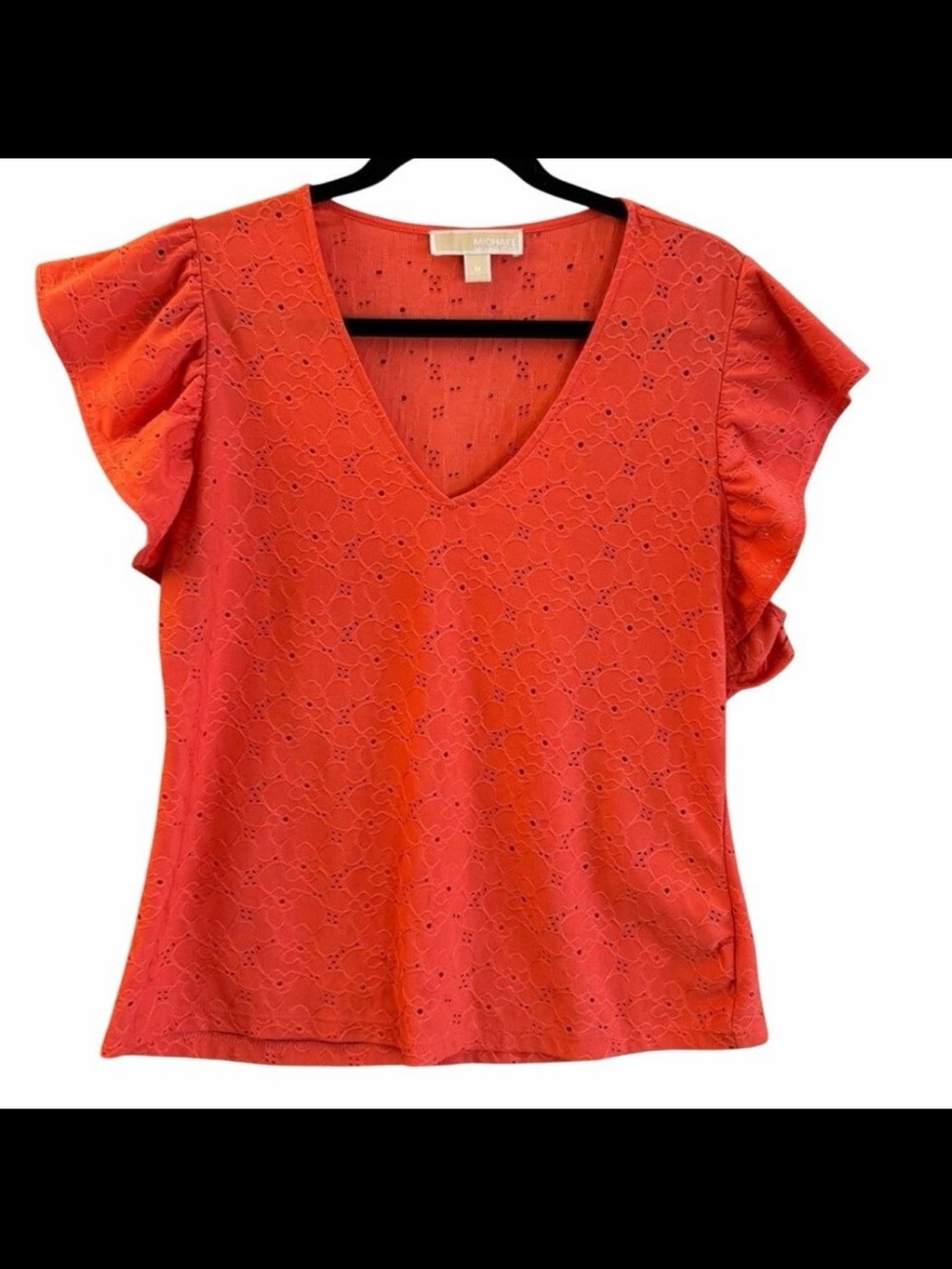Michael Kors Orange Eyelet V-Neck Flutter Sleeve Top